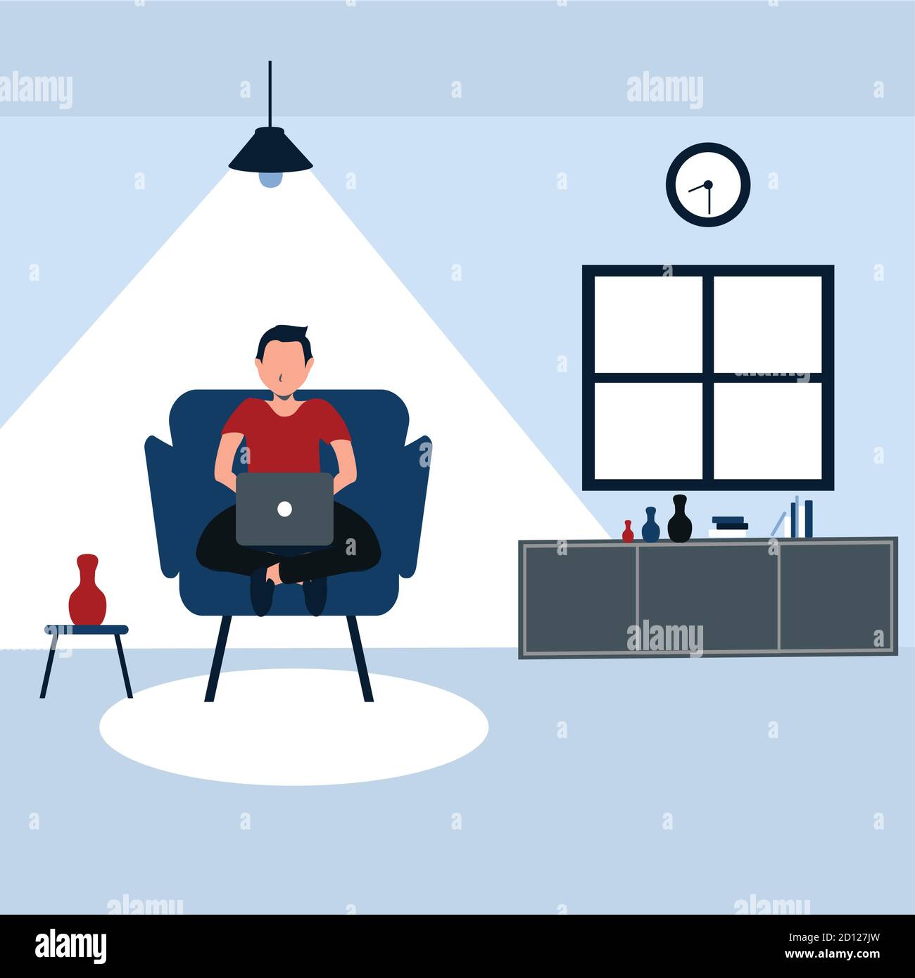 Ein Mann, der von zu Hause aus arbeitet, sitzt lässig auf seinem Lieblingssofa – farbenfrohe, flache Cartoons Stock Vektor