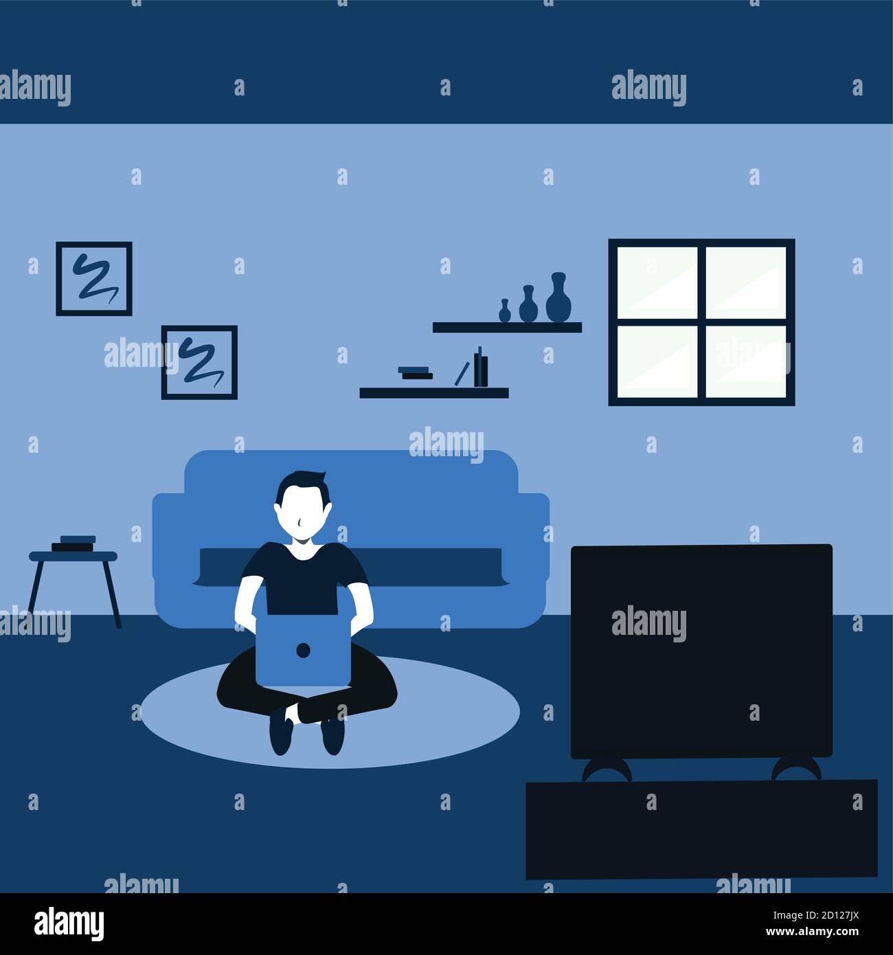 Ein junger Mann lernt und schaut Fernsehen und sitzt lässig auf dem Teppich in seinem Lieblings-Wohnzimmer - zweifarbige, flache Cartoons Illustrationen Stock Vektor