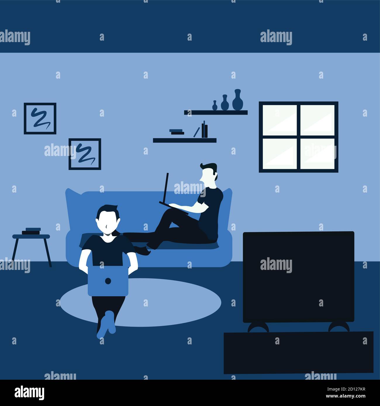 Zwei Mann sitzen lässig auf in seinem Lieblings-Wohnzimmer Lernen und Fernsehen - zweifarbige flache Cartoons Abbildungen Stock Vektor