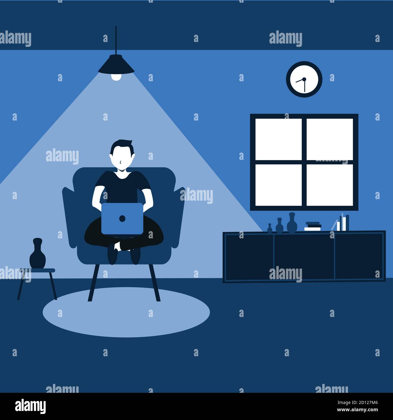 Ein Mann, der von zu Hause aus arbeitet, sitzt lässig auf seinem Lieblingssofa - zweifarbige, flache Cartoons Illustrationen Stock Vektor
