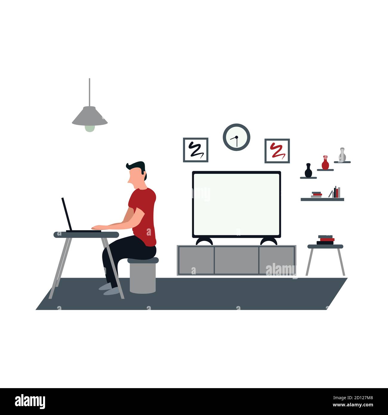 Ein Mann arbeitet für zu Hause mit Laptop - ein Mann Lässig Fernsehen zu Hause - flache Illustrationen isoliert auf Weiß Stock Vektor