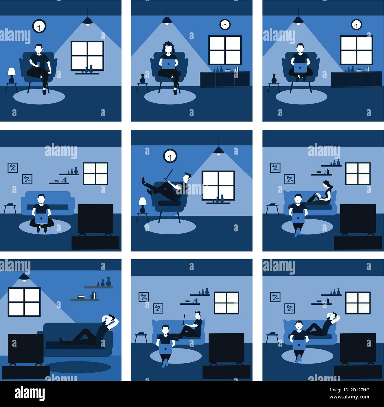 Im Wohnzimmer arbeiten ein Mann und eine Frau beiläufig, schauen Fernsehen und lesen das Buch - zweifarbige flache Cartoons Illustrationen gesetzt Stock Vektor
