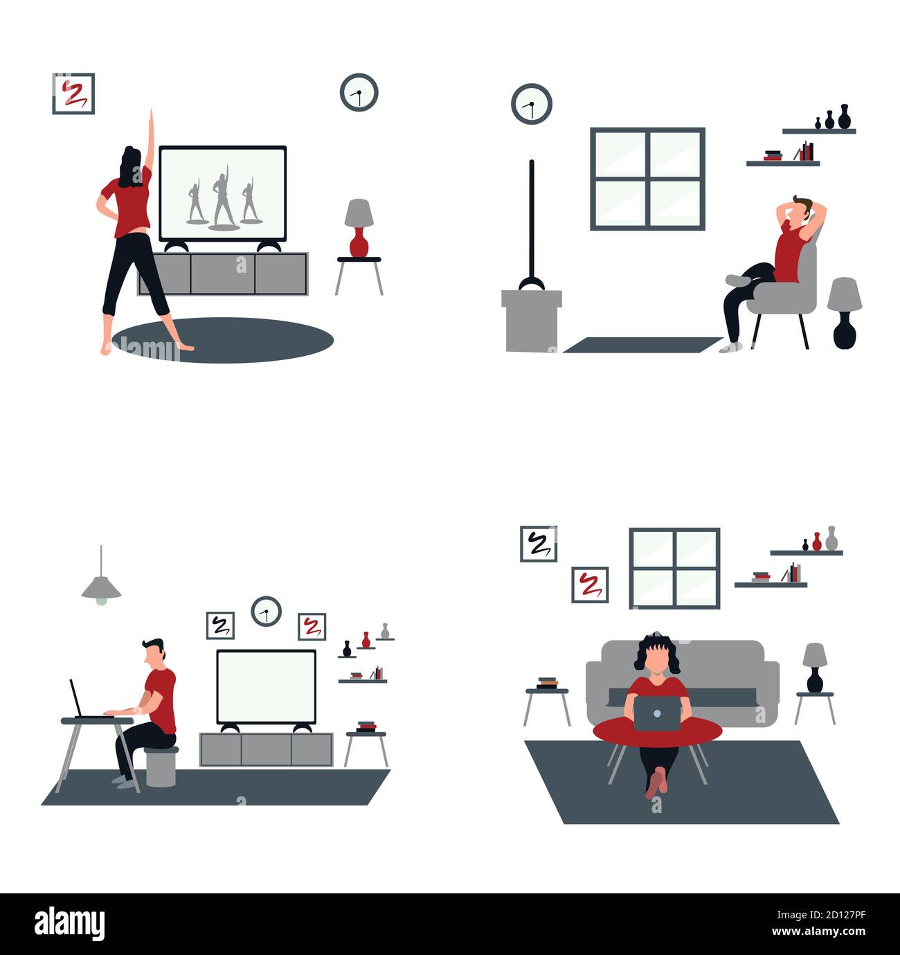 Frauen, die zu Hause Aerobic machen, Männer und Frauen arbeiten beiläufig von zu Hause, ein Mann, der zu Hause lässig Fernsehen schaut - flache Illustrationen isoliert auf Weiß Stock Vektor