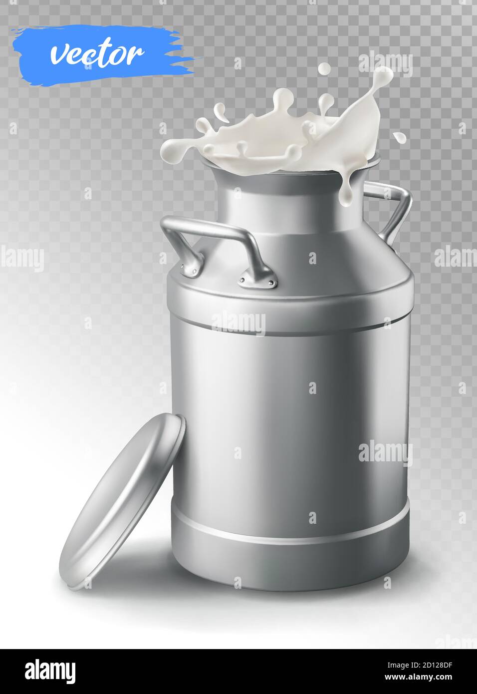 Milchbehälter und Milchspritzer. 3d-Vektorelement für die Paketgestaltung. Stock Vektor