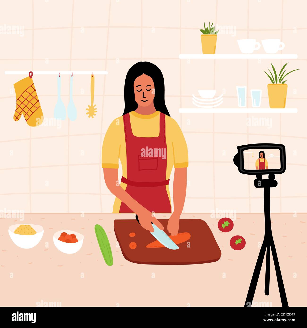 Köchin kocht in der Küche, während sie Videos mit ihrer Kamera für ihren Online-Video-Kanal aufzeichnet. Kochen Sie gesunde Lebensmittel zu Hause. Hausgemachte Mahlzeiten Stock Vektor