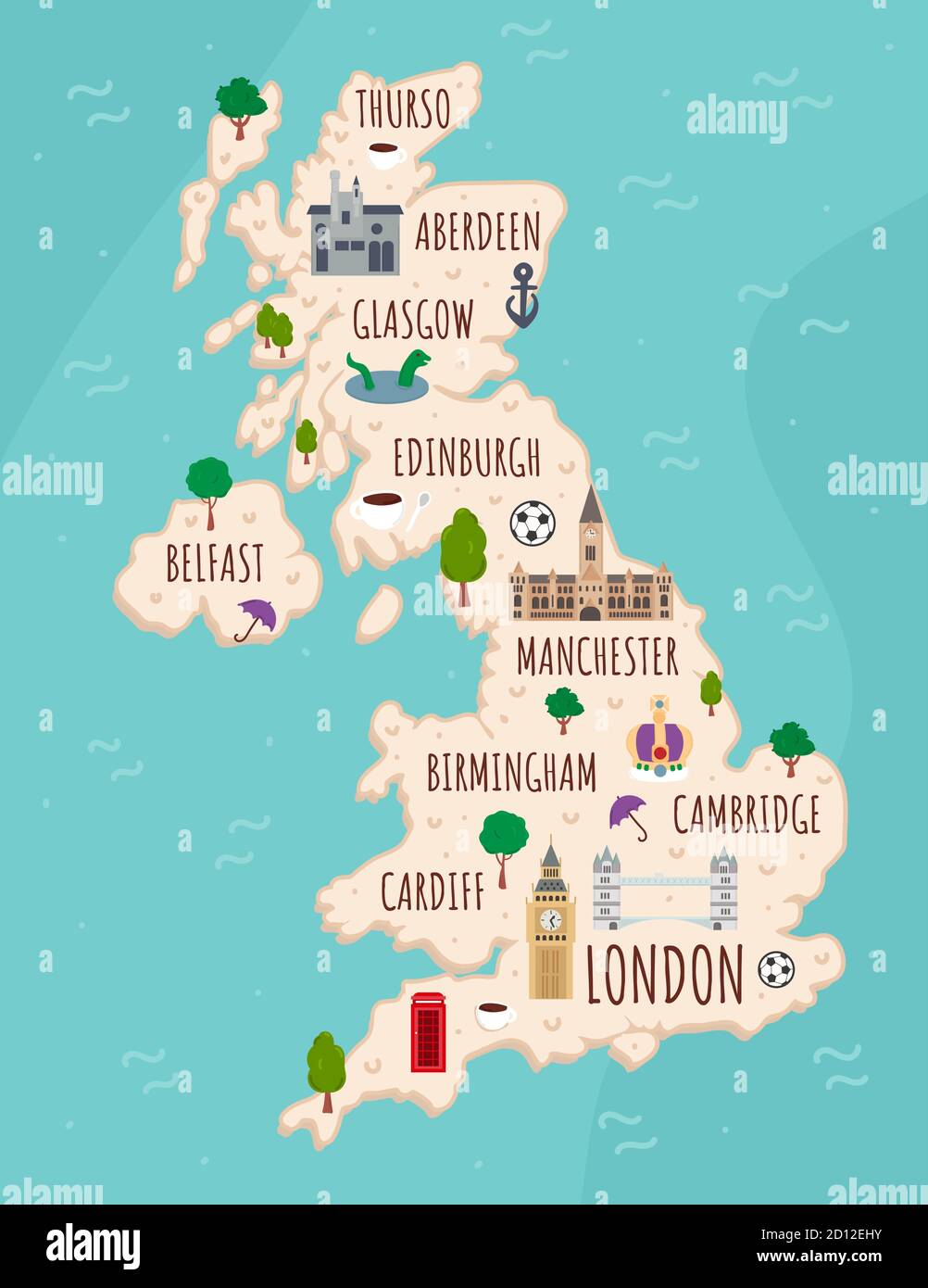 Cartoon-Karte von Großbritannien. Reise-Illustration mit britischen Wahrzeichen, Gebäuden, Lebensmitteln und Pflanzen. Lustige Touristen Infografiken. Nationale Symbole Stock Vektor