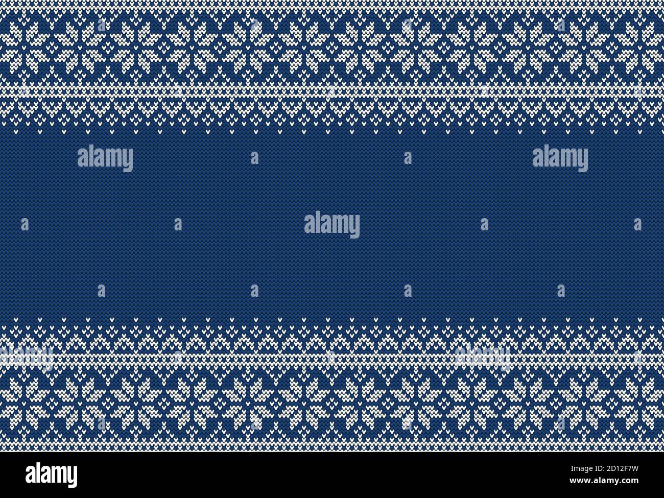 Strickpullover im Hintergrund mit Copyspace. Blaues und weißes horizontales Banner für Weihnachten oder Winter Design. Traditionelle skandinavische Muster. Stock Vektor