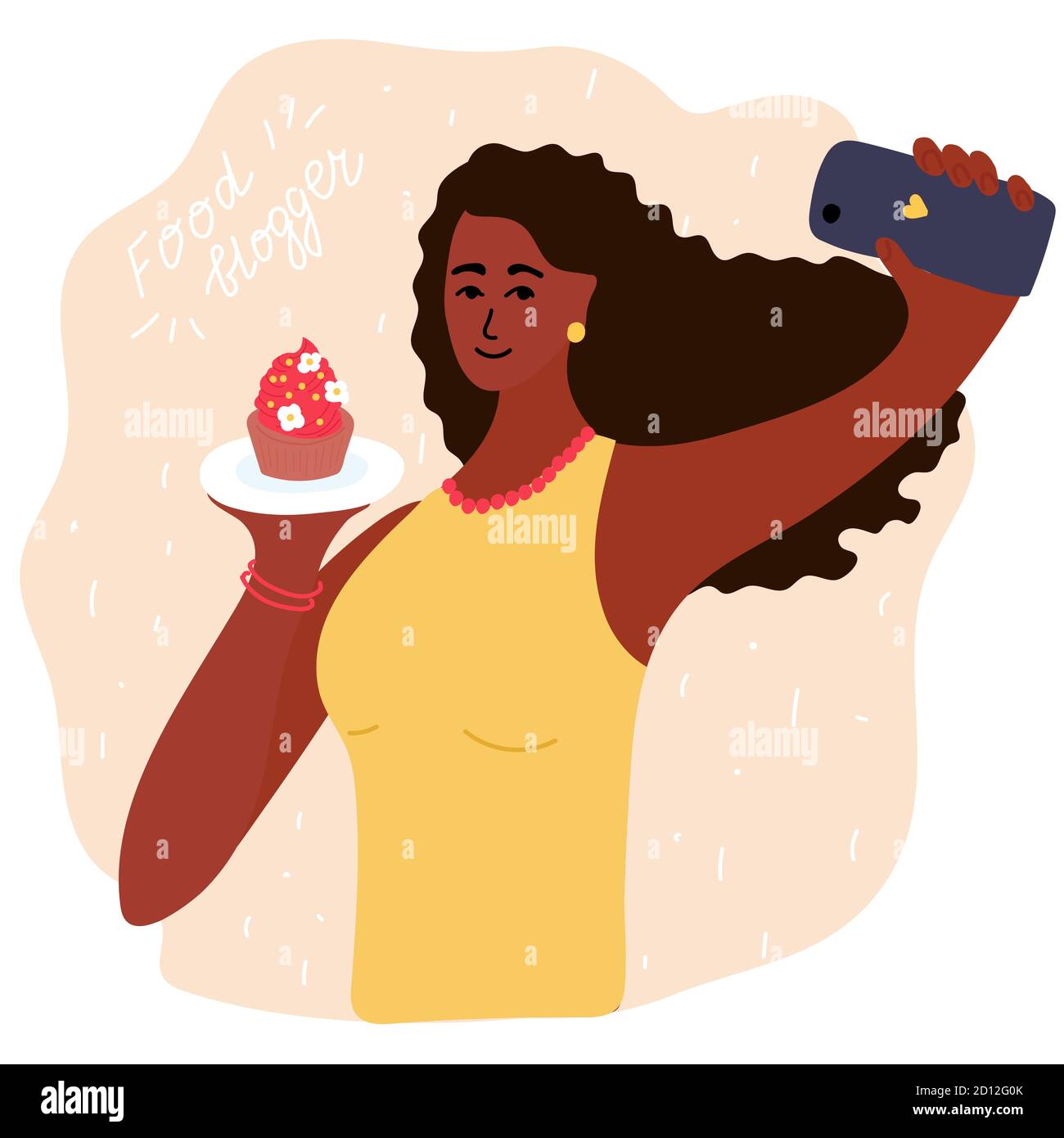 afrikanische Black Food Blogger machen Foto Selfie mit Cupcake für Blog oder vlog Bewertung. Nette Brünette Mädchen mit Smartphone-Kamera. Goldene Ohrringe, Perlen Stock Vektor