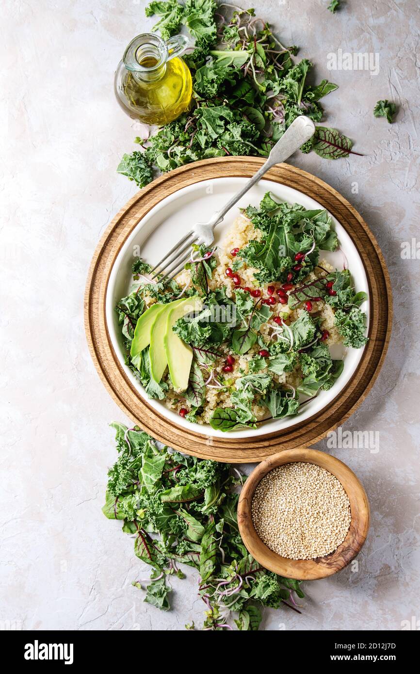 Vegan quinoa Salat mit Grünkohl, junge Rote Bete Blätter, Granat Samen, in Scheiben geschnittenen Avocado in weiße Platte mit Zutaten oben über grau Textur Hintergrund. Stockfoto