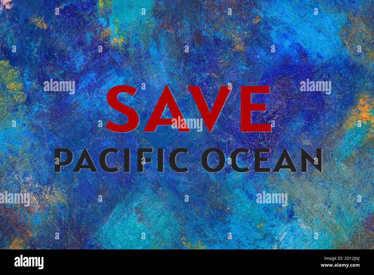 Schriftzug Save Pacific Ocean auf blauem Malgrund wie Ozean. Webbanner mit Text für Artikel. Stockfoto