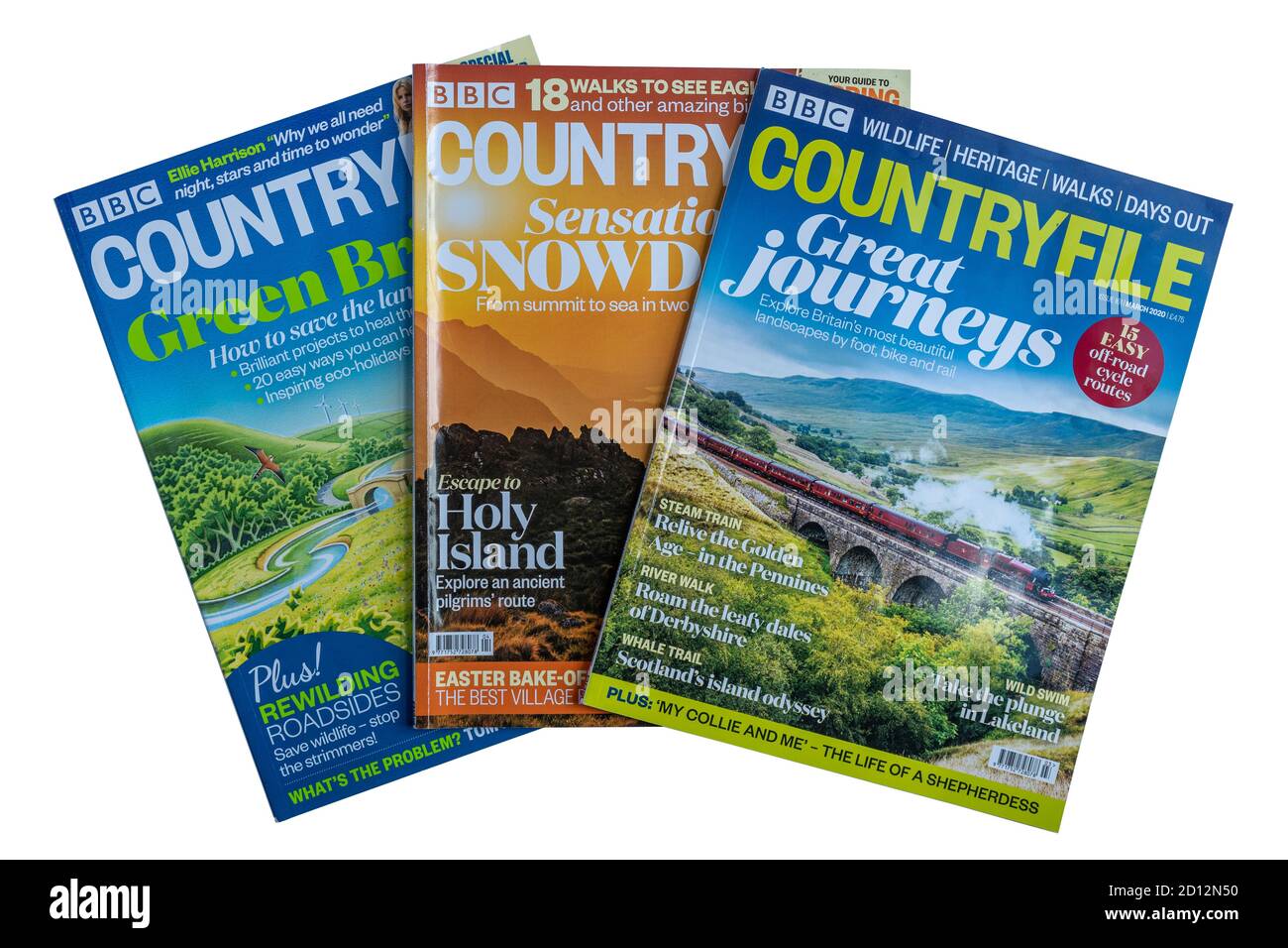 BBC Countryfile Zeitschriften auf weißem Hintergrund, Großbritannien Publikationen Stockfoto