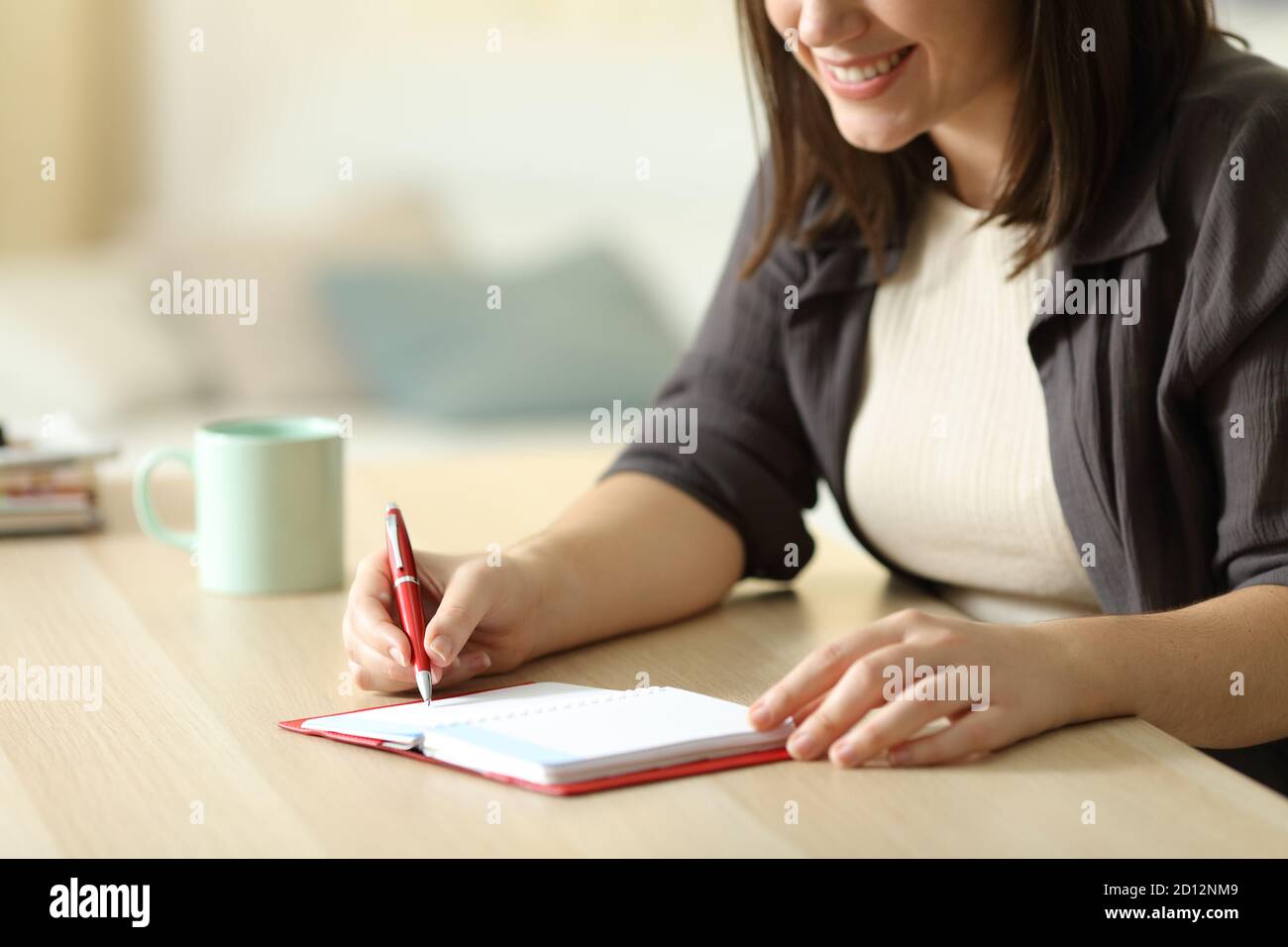 Nahaufnahme einer glücklichen Frau, die auf der Tagesordnung auf einem Schreibtisch stand Zu Hause Stockfoto