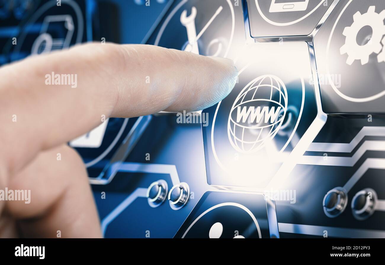 Hand drücken einer digitalen Taste mit www Piktogramm auf blauem Hintergrund. Futuristisches Web-Technologie-Konzept. Zusammengesetztes Bild zwischen einer Hand Fotografie Stockfoto