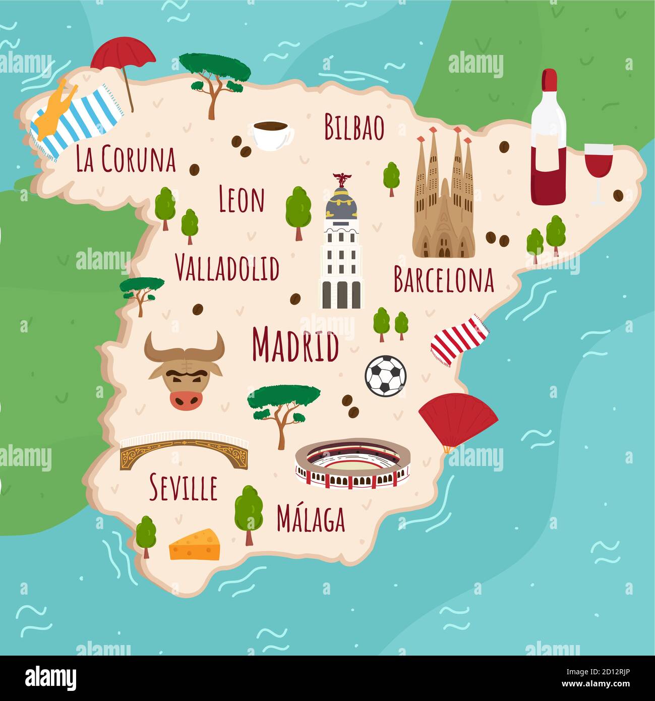 Cartoon-Karte von Spanien. Reisebilder mit spanischen Sehenswürdigkeiten, Gebäuden, Lebensmitteln und Pflanzen. Lustige Touristen Infografiken. Nationale Symbole. Berühmt Stock Vektor