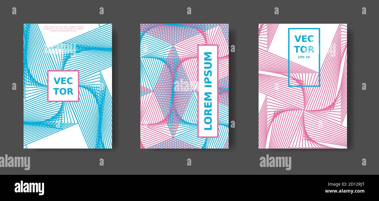 Minimalistisches geometrisches Posterset. Blau und pink mit Linien. Vector A4 Katalog, Magazin, Cover futuristischen Satz. Stock Vektor