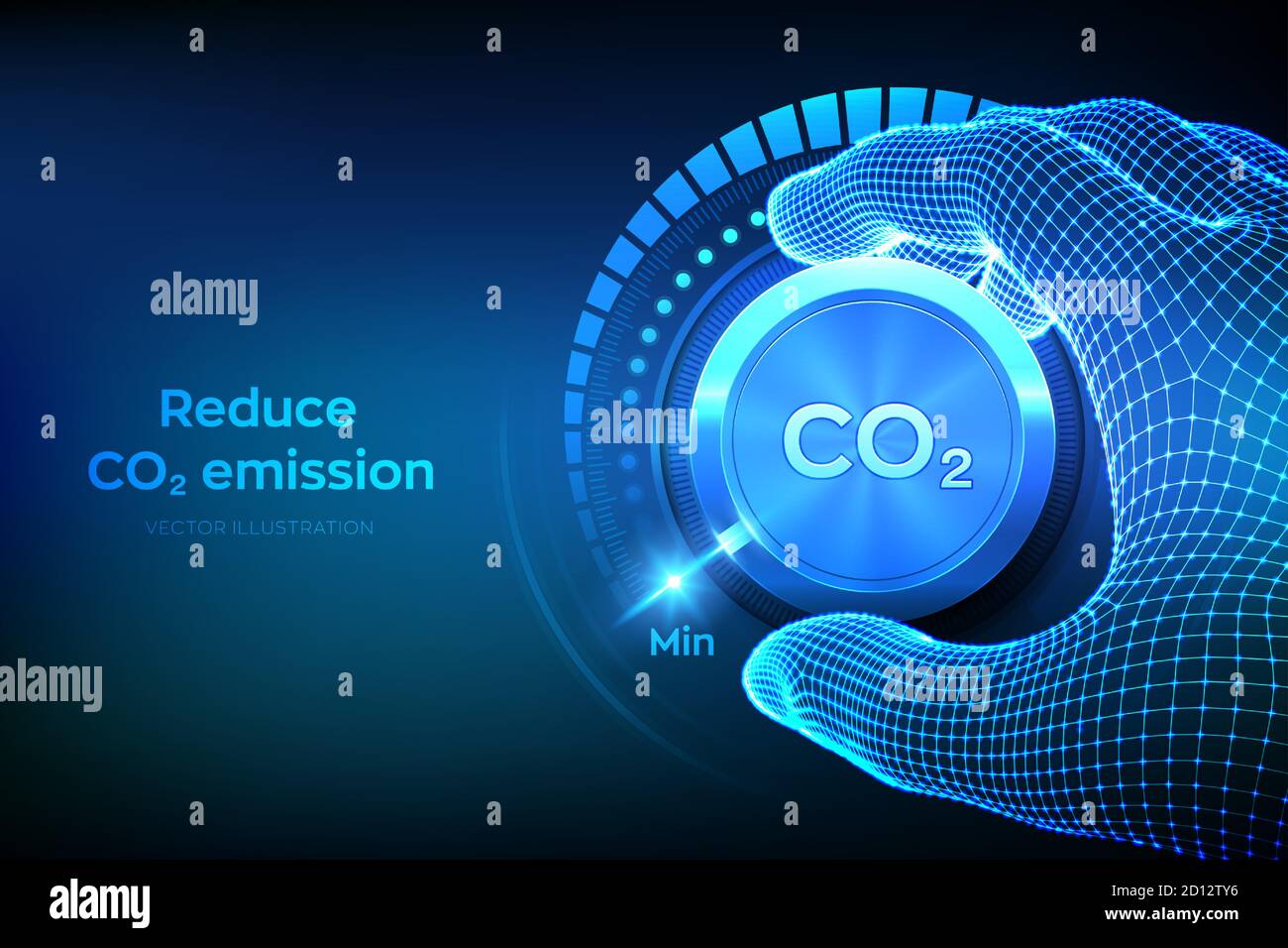 Konzept zur Kontrolle der Kohlendioxidemissionen. CO2-Wert senken. Wireframe Hand Drehen eines Kohlendioxid-Knopf auf die minimale Position. CO2-Reduzierung Stock Vektor