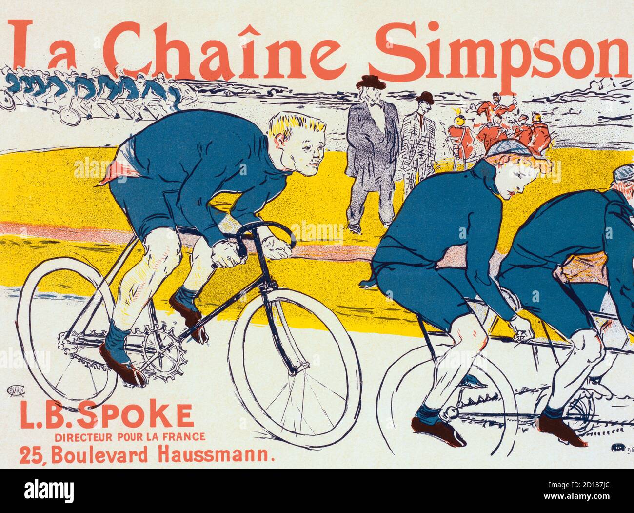 Plakat für La Chaîne Simpson oder die Simpson-Kette, die der französische Künstler Henri de Toulouse-Lautrec 1896 schuf. Die Simpson-Kette war eine neue Art von Fahrradkette, die 1895 vom Engländer William Spears Simpson erfunden wurde. Die Hauptfigur im Plakat zeigt Constant Huret, einen französischen Radsportmeister. Stockfoto