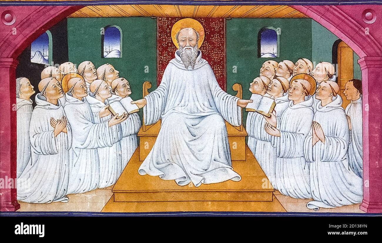 Italien Toskana Chiusi - Dommuseum - illuminierte Handschriften - Der heilige Benedikt, der die Herrschaft von Venturino Mercati diktiert (Zweite Hälfte des 15. Jahrhunderts) Stockfoto