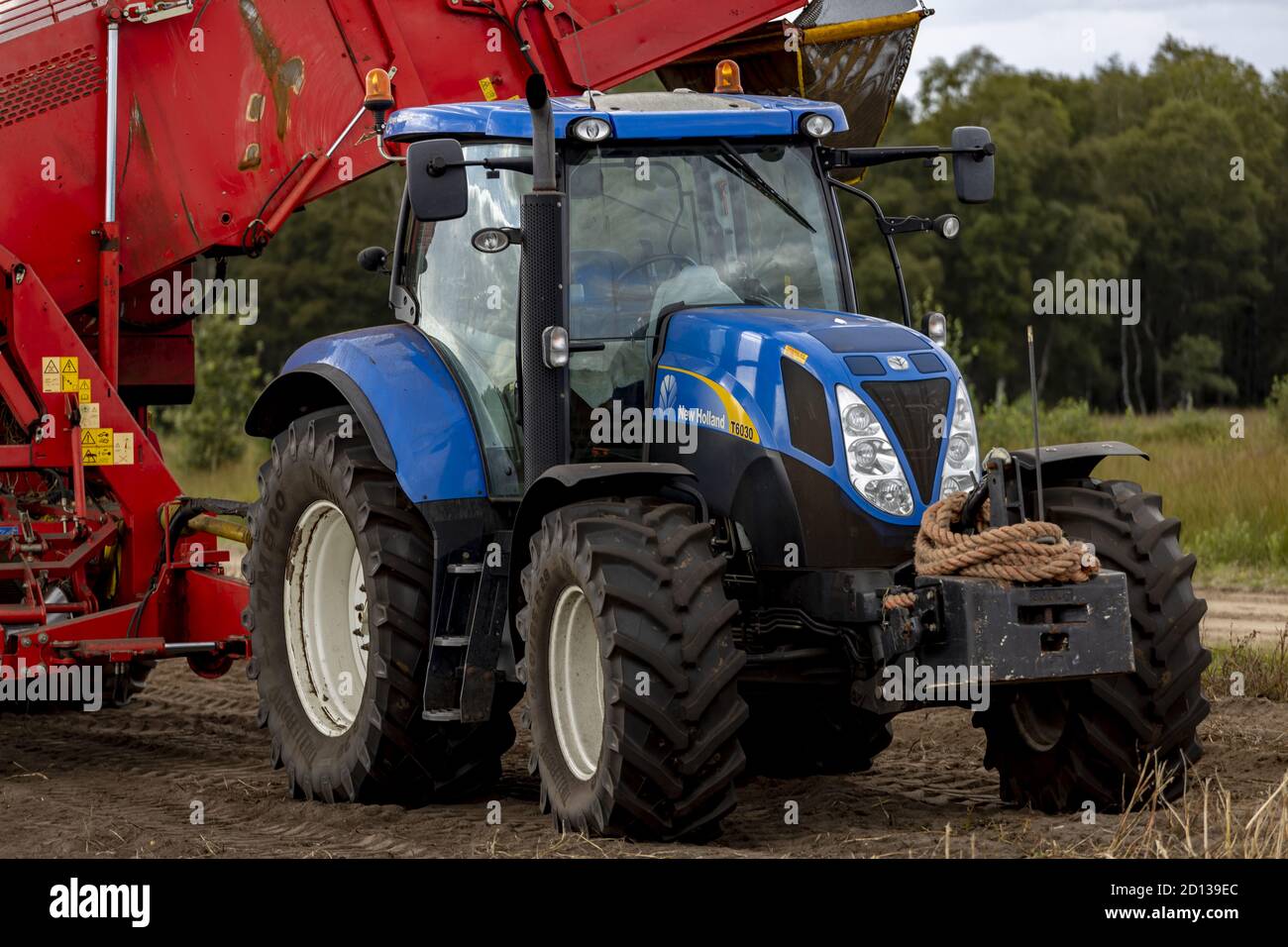 HOGE HEXEL, NIEDERLANDE - 30. Aug 2020: Nahaufnahme von blauem Traktor mit schwerer Kartoffelschleifmaschine in Ackerland Boden bereit, die Ernte zu ernten. Agrarwirtschaft Stockfoto