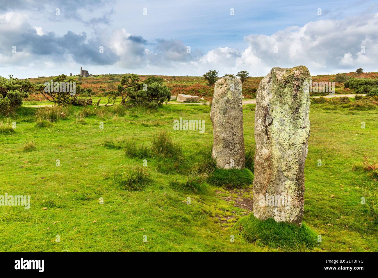 "The Pipers" Bronzezeit stehende Steine bei Minions auf Bodmin Moor, Cornwall, Großbritannien Stockfoto