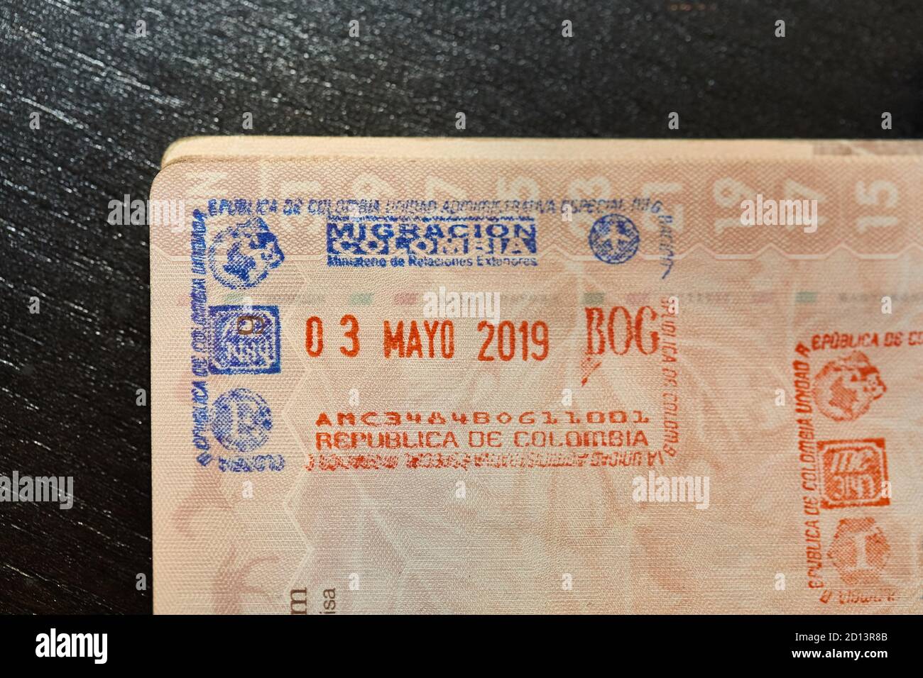Kolumbianischer Reisepassstempel Stockfoto