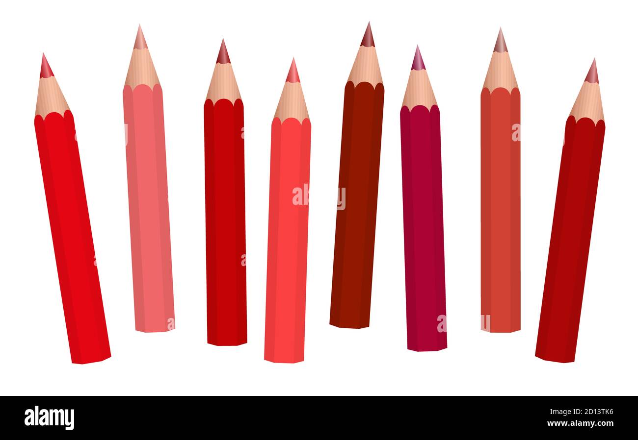 Rote Bleistifte, farbige Buntstifte - kurze rötliche Bleistifte locker angeordnet, verschiedene Rottöne - Illustration auf weißem Hintergrund. Stockfoto