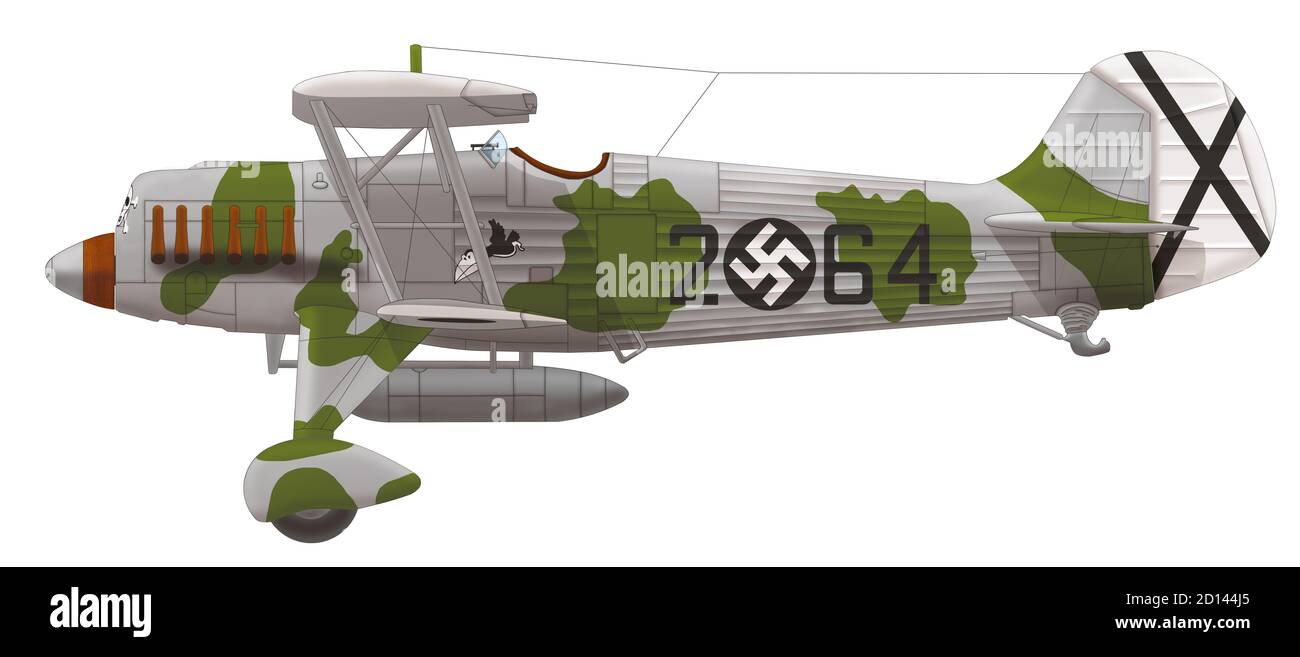 Heinkel He 51C (2○64) pilotiert von Harro Harder, Kommandant der 1./J 88 (1. Flug der Jagdgruppe 88), Legion Condor, Anfang 1937 Stockfoto