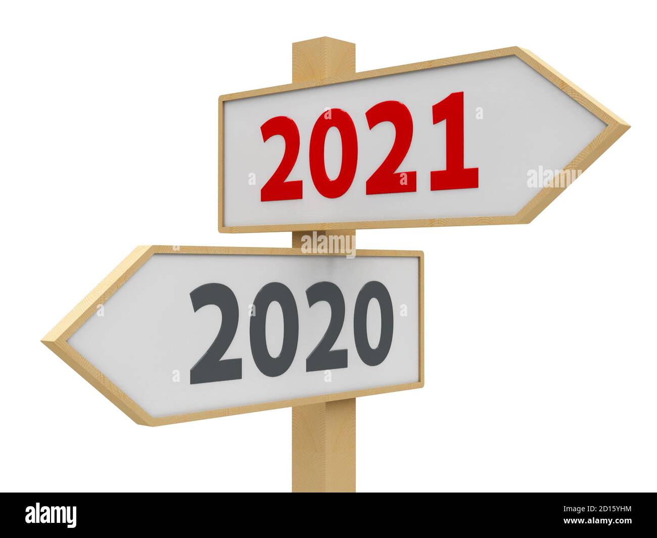 Straßenschild mit 2020-2021 Änderung auf weißem Hintergrund stellt die neue 2021, dreidimensionale Rendering, 3D-Illustration Stockfoto