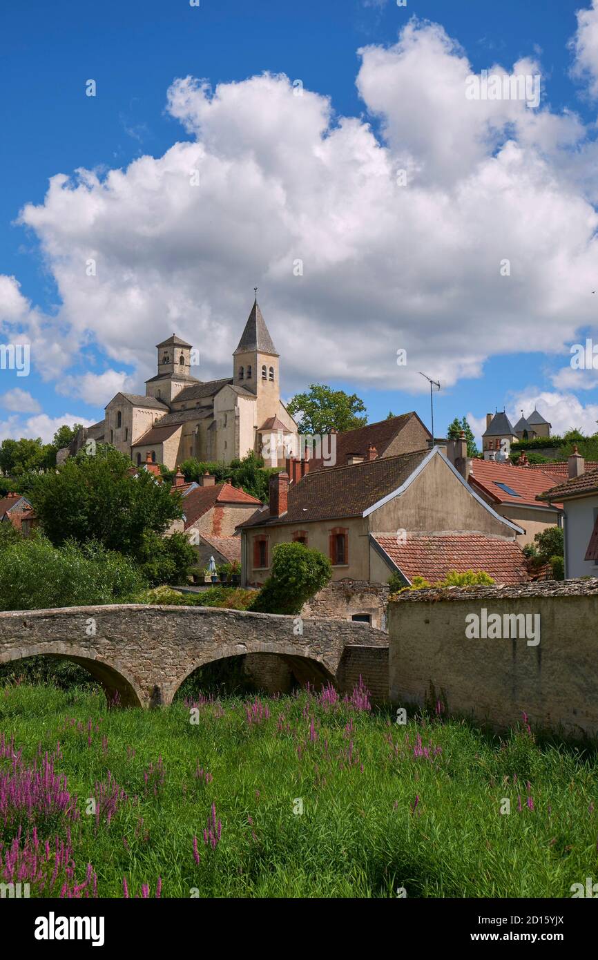 Frankreich, Cote d'Or, Chatillon sur seine, Perthuis au Loup Brücke mit der Kirche Saint Vorles im Hintergrund Stockfoto