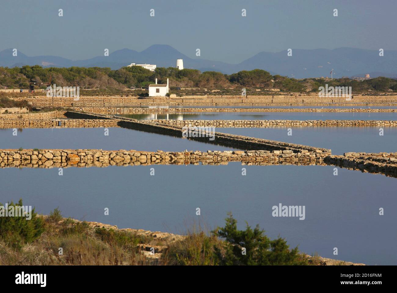 Spanien, Balearen, formentera, estany pudent, überflutete Salzwiesen, die von Trockensteinmauern umgeben sind Stockfoto