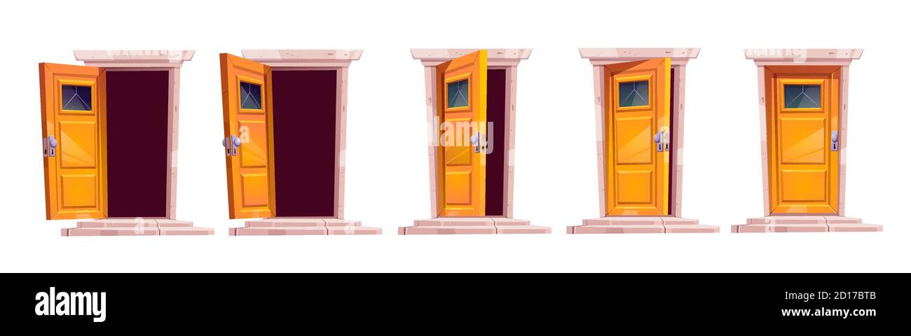 Cartoon Tür schließen Bewegung Sequenz Animation. Öffnen Sie leicht ajar und schließen Sie hölzerne Türen mit Steintreppen und Dunkelheit im Inneren. Home Fassade Design-Element, Eingang. Vektorgrafik, Symbole eingestellt Stock Vektor