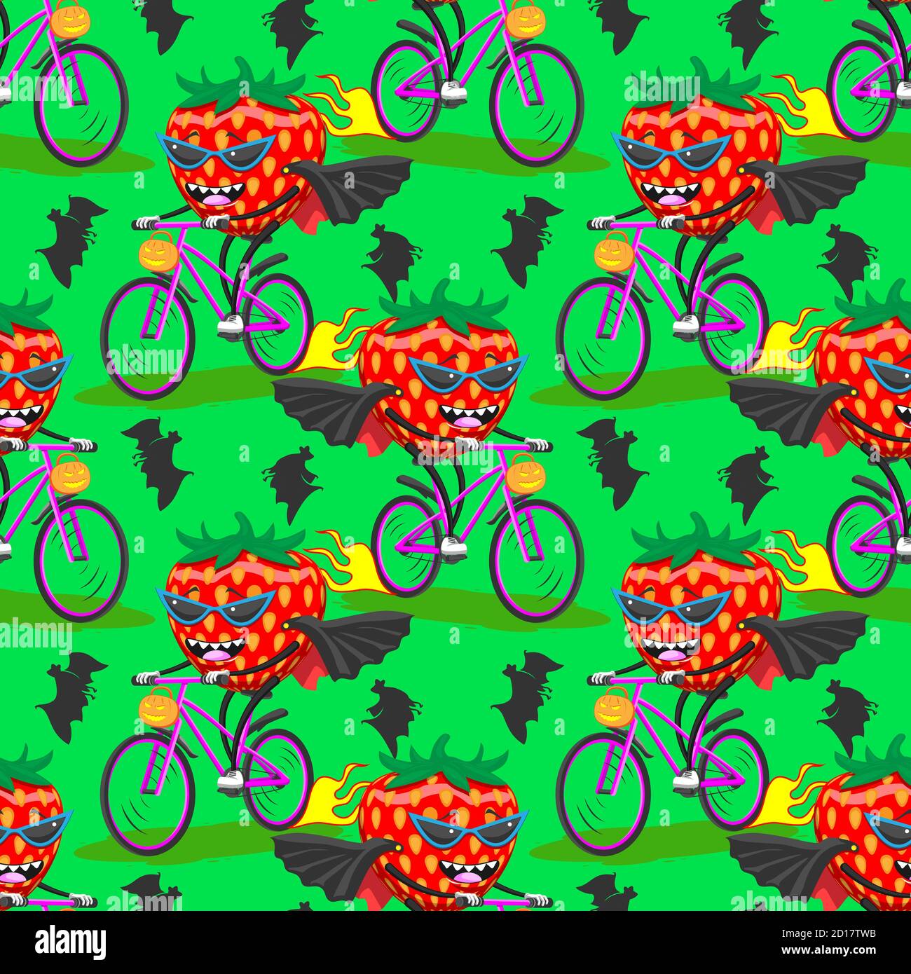 Nahtlose Muster von reifen Erdbeeren in Sonnenbrille Regenmantel Fledermaus auf Fahrrad Fahrten Halloween grünen Hintergrund. vector imag Stock Vektor