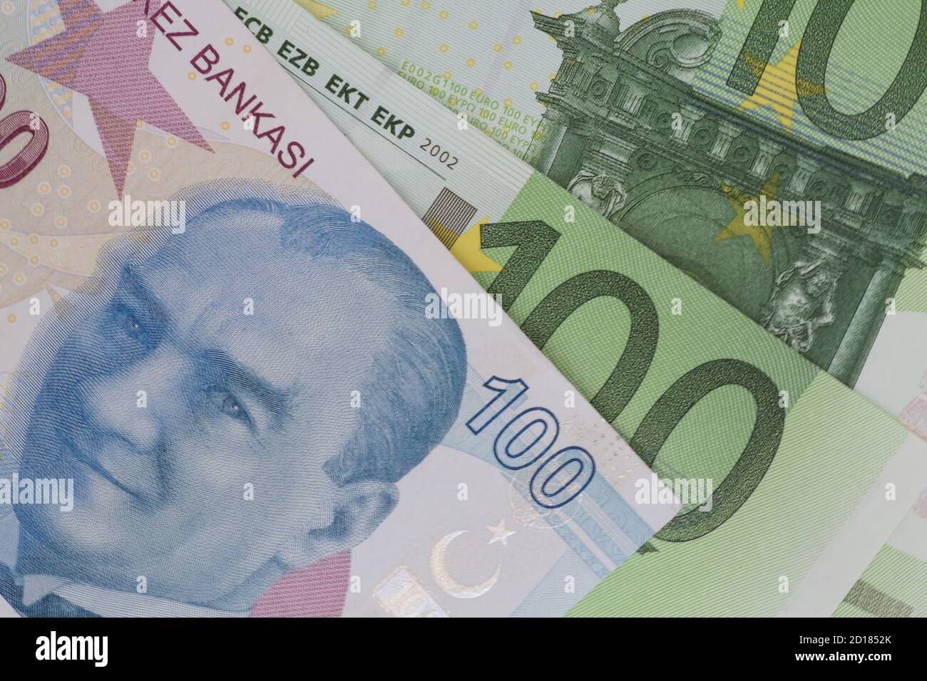 Nahaufnahme von hundert türkischen Lira-Banknoten und Euro Banknoten Stockfoto