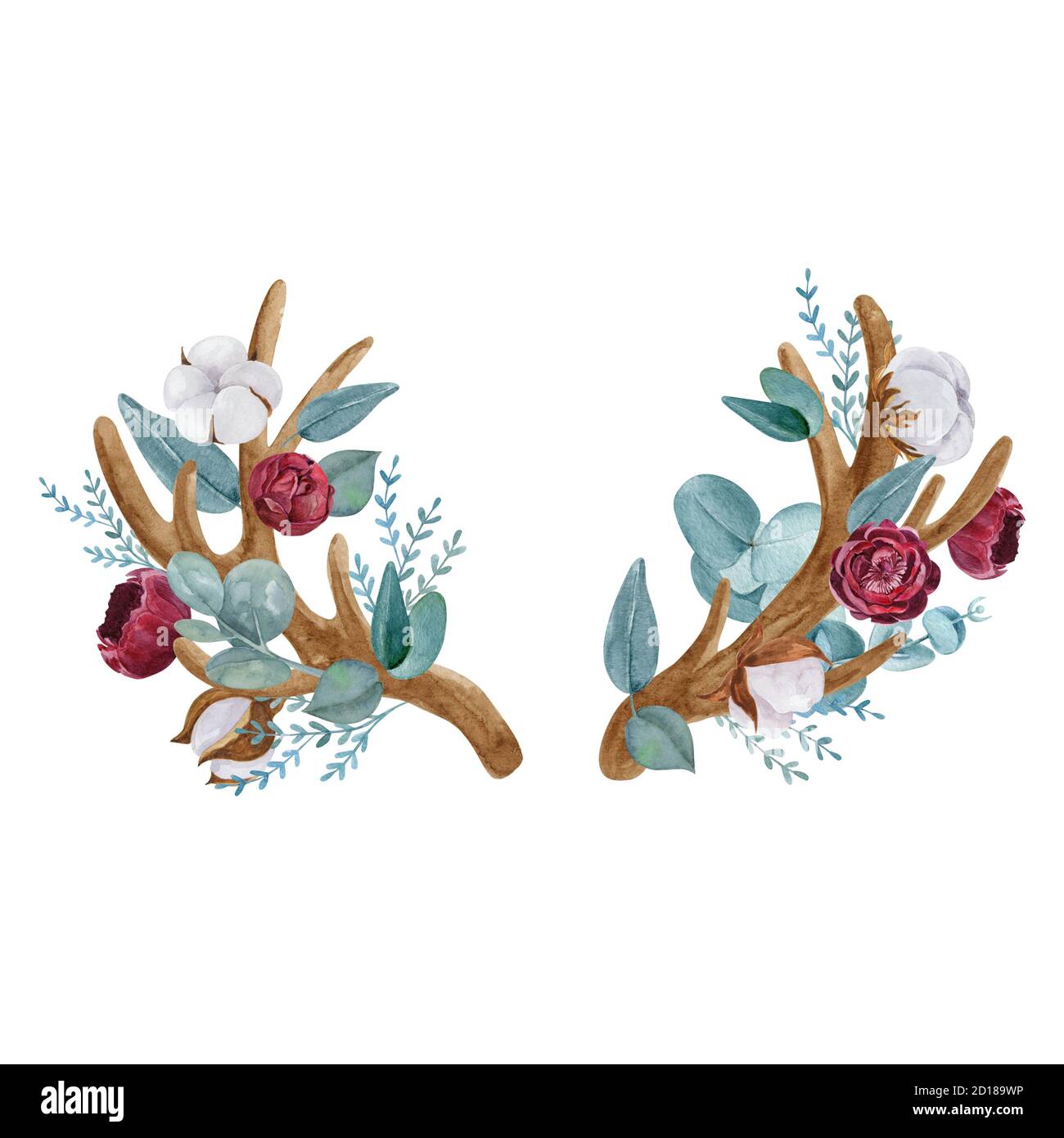 Hand bemalte Boho Hirsch Hörner mit botanischen Elementen isoliert auf weißem Hintergrund dekoriert. Stockfoto