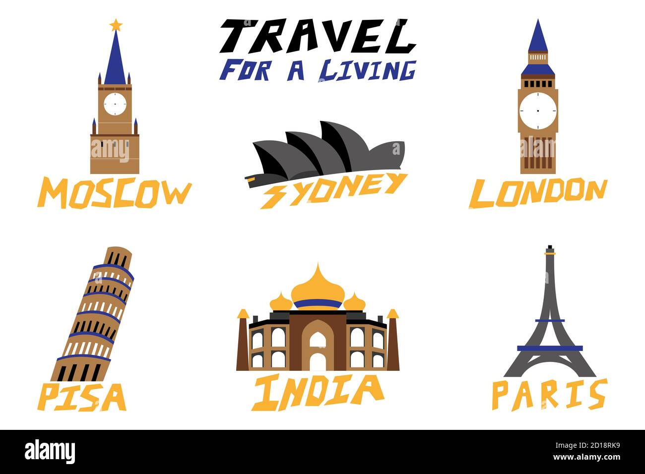 Vektor-Set von Symbolen für globale touristische Ziele. Enthält Symbole und Attraktionen von London, Großbritannien, Italien, Paris, Frankreich, Sydney, Australi Stockfoto