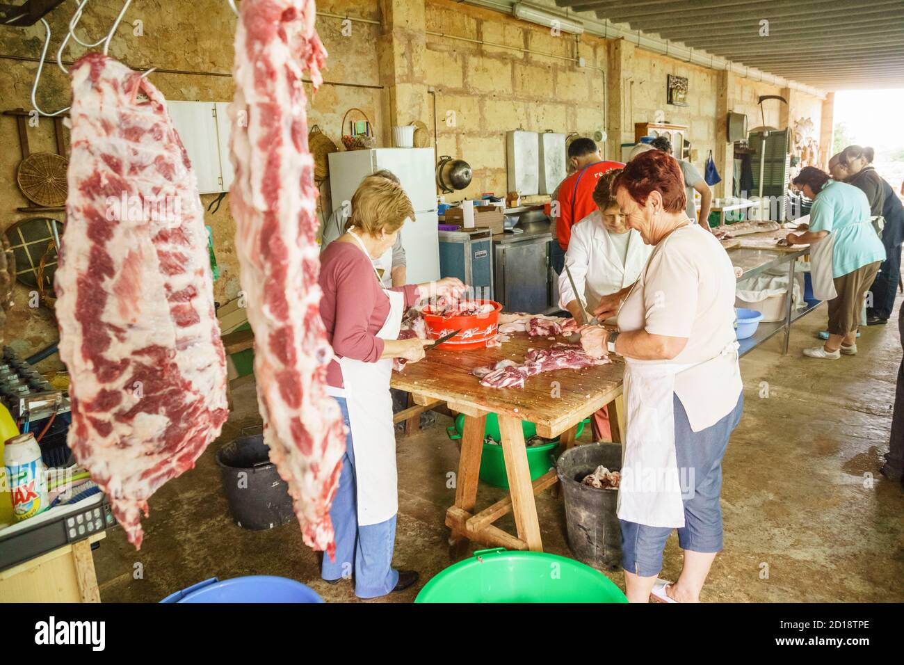 Troceado del animal,matanza tradicional del cerdo, llucmajor,Mallorca, islas baleares, Spanien Stockfoto