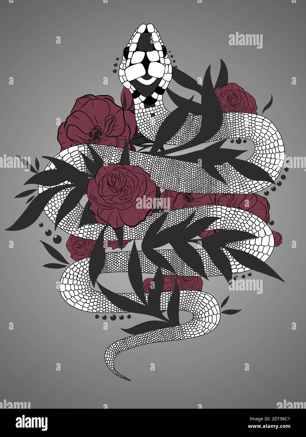 Handgezeichnete Vintage Schlange mit schwarzen Blättern und roten Rosen Illustration. Grafische Skizze für Poster, Tattoo, Kleidung, T-Shirt-Design, Pins, Patches Stock Vektor