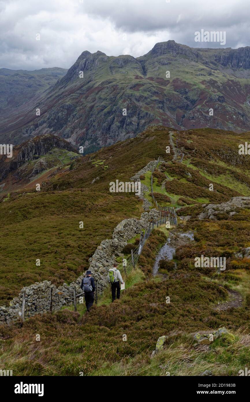 Zwei Fell Wanderer Abstieg Lingmoor fiel in den englischen See Distrikt, wie sie der Mauer zu Side Pike folgen Stockfoto