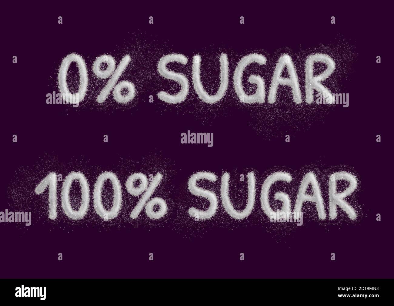 Realistische Illustration mit Zuckerkörnern vor dunklem Hintergrund geschrieben. Einfach zu isolieren. 0% und 100% Zucker mit Zuckerpulver geschrieben - Draufsicht. Stockfoto