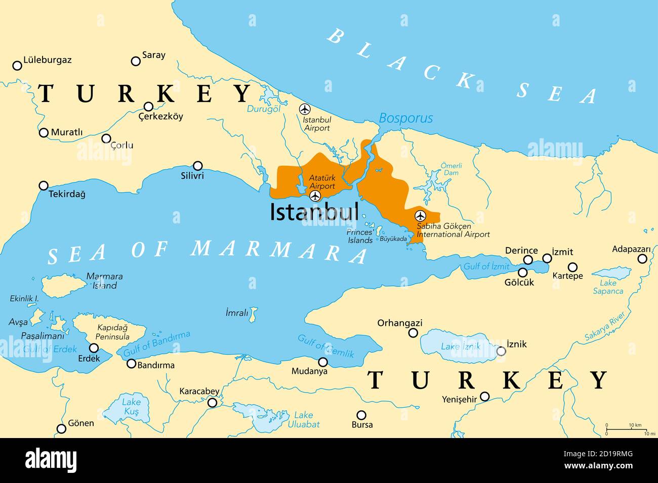 Der Bosporus oder Bosporus, politische Landkarte. Die Straße von Istanbul, eine schmale, natürliche Meerenge und internationale Wasserstraße in der Türkei. Stockfoto
