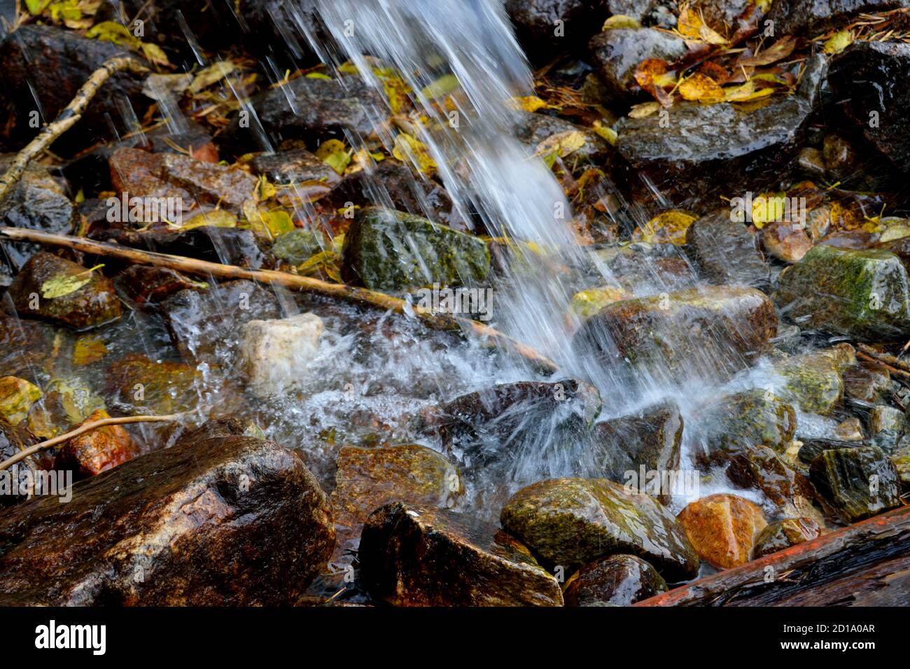 Wasser fällt von einer Pfeife auf Steine und Herbstblätter Stockfoto