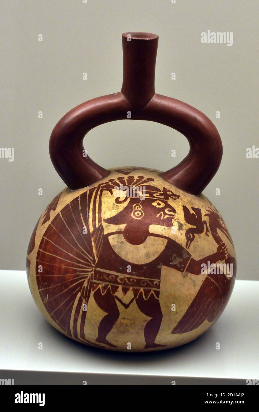 Mythologische Szenen Moche oder Mochica 100 AD - 700 AD. Keramik Sie lebten in den Küstentälern im Norden Perus. Wie andere peruanische Kulturen bauten Bauern Kanäle, um ihre Ernte zu bewässern, (kriegerische Menschen und Krieger) Stockfoto
