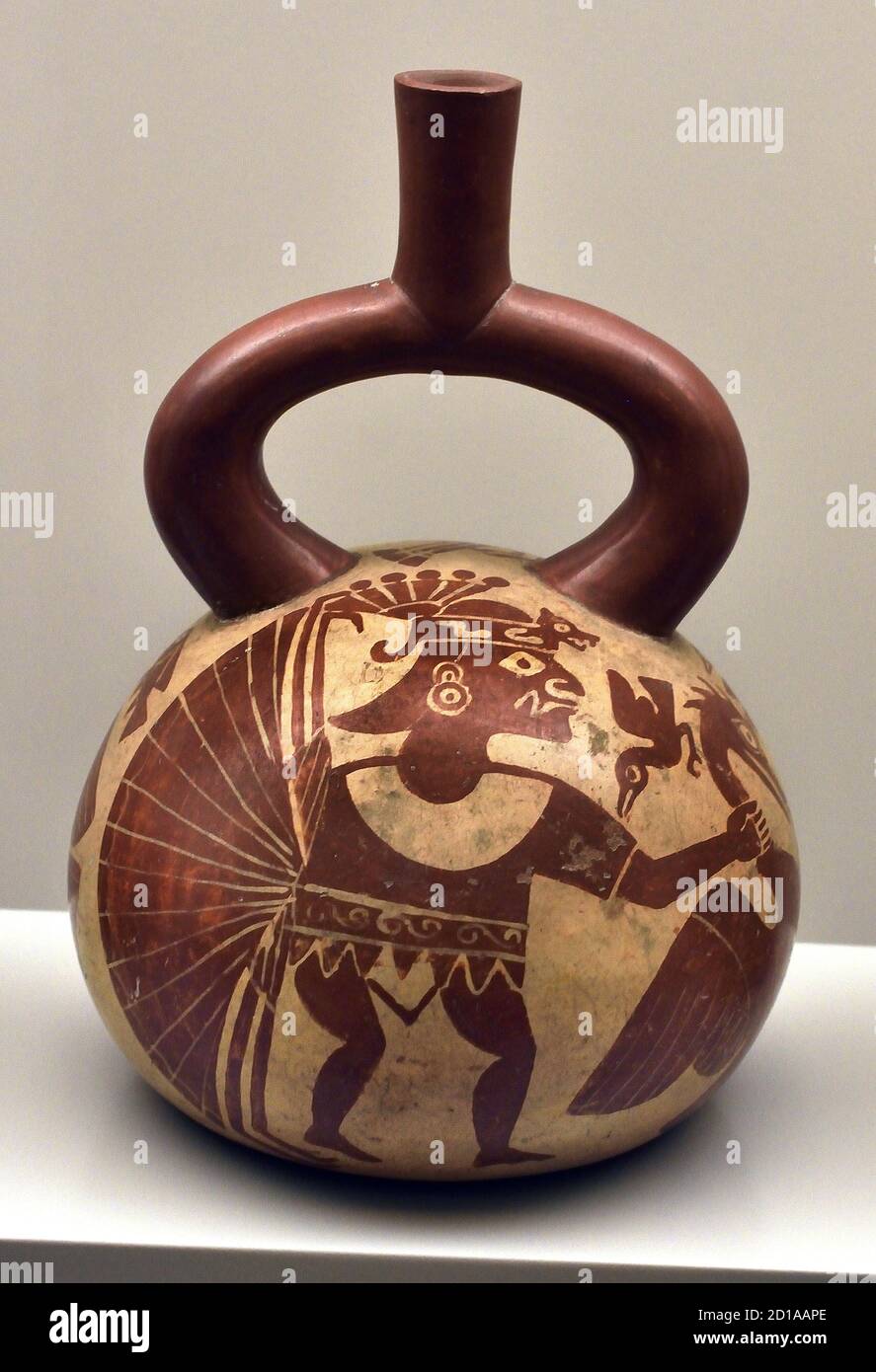 Mythologische Szenen Moche oder Mochica 100 AD - 700 AD. Keramik Sie lebten in den Küstentälern im Norden Perus. Wie andere peruanische Kulturen bauten Bauern Kanäle, um ihre Ernte zu bewässern, (kriegerische Menschen und Krieger) Stockfoto