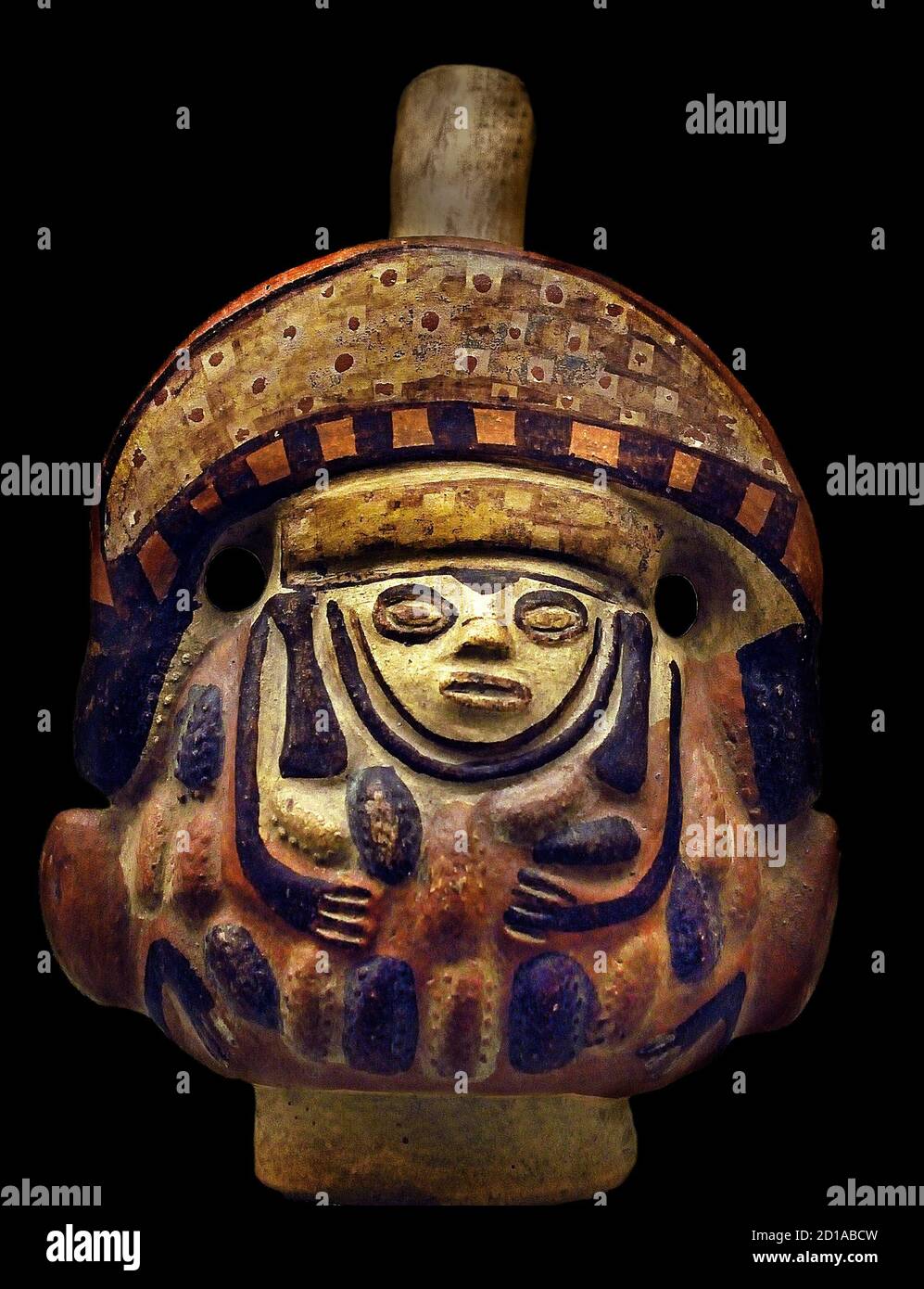 Gott AIA PAEC verbunden mit Fruchtbarkeit Moche oder Mochica 100 AD - 700 AD. Keramik Sie lebten in den Küsten-Tälern im Norden Perus. Wie andere peruanische Kulturen bauten Bauern Kanäle, um ihre Ernte zu bewässern, (kriegerische Menschen und Krieger) Stockfoto