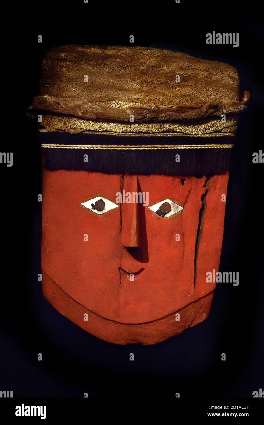 Maske verwendet, um das Gesicht des Verstorbenen, die in der Beerdigung Bündel Chancay Kultur, (1000-1400 AD). Peru. Peruanische, amerikanische, Fortaleza, Pativilca, Supe, Huaura, Chancay, Chillón, Rimac und Lurín, an der zentralen Küste Perus Stockfoto