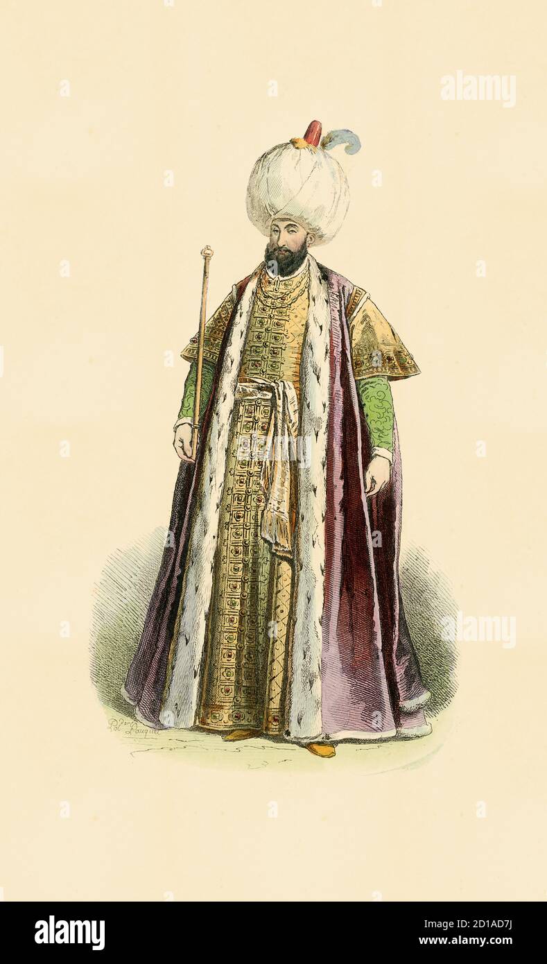 Porträt von Selim II. 1573, Handkolorierter Stich von H. Pauquet. Von 1566 bis zu seinem Tod war er Sultan des Osmanischen Reiches. Geboren am 28. Mai, Stockfoto