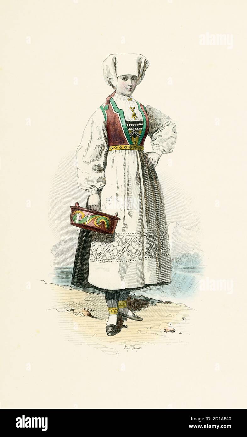 Porträt eines jungen Mädchens aus Stavanger, Norwegen im Jahr 1867, Handkoloriert. H. Pauquet. Veröffentlicht im Buch Modes et Costumes Historiques D Stockfoto