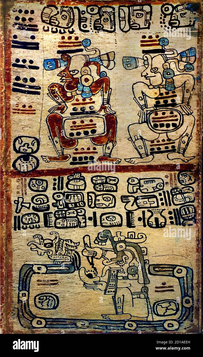 Der Madrider Codex oder der Tro-Cortesianus oder der Codex-Troano Codex präkolumbianische Maya. Postklassische Periode der mesoamerikanischen Chronologie (ca. 900–1521 n. Chr.). Die Maya-Codices wiesen auf Notizen über ihre Geschichte, ihre religiösen Praktiken, ihr Wissen in Medizin, Astronomie hin und selbst dort zeichneten sie ihre berühmten Prophezeiungen auf. Pre, Kolumbien Kolumbien Amerika, Amerikaner, Stockfoto
