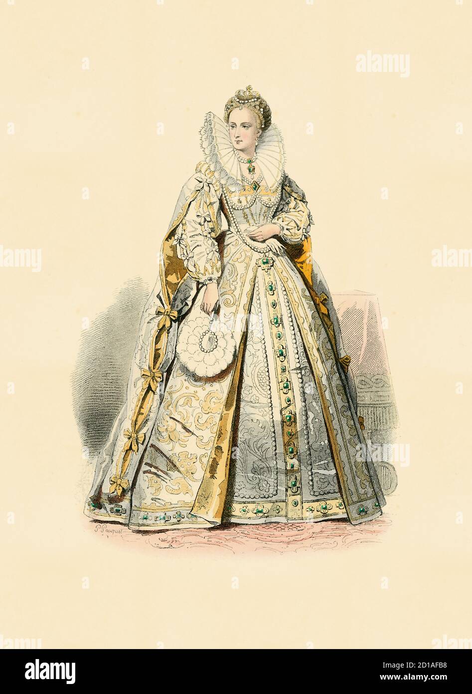 Porträt von Elisabeth I., Handkolorierter Kupferstich von H. Pauquet. Sie war Königin von England und Irland, der letzte Monarch der Tudor-Dynastie. Geboren auf SE Stockfoto