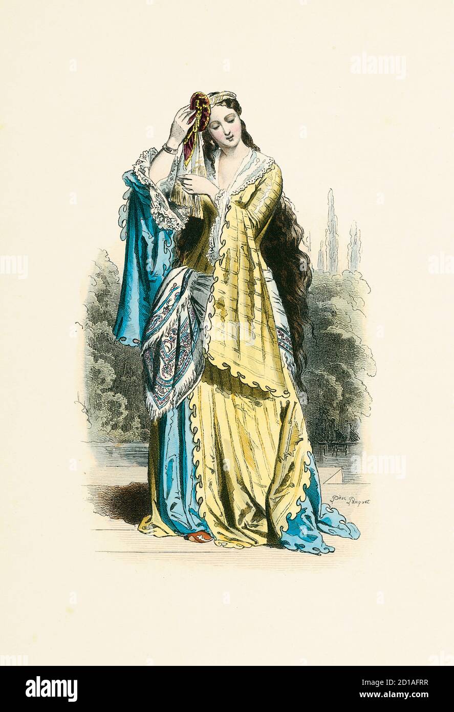 Porträt der griechischen Prinzessin 1820, handkolorierter Stich von H. Pauquet. Veröffentlicht im Buch Modes et Costumes Historiques Dessines et Graves Stockfoto